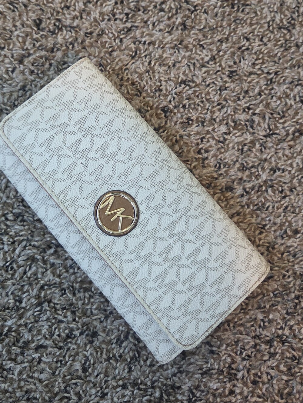 Michael Kors Cream/White MK Continental Wallet with Gold Logo